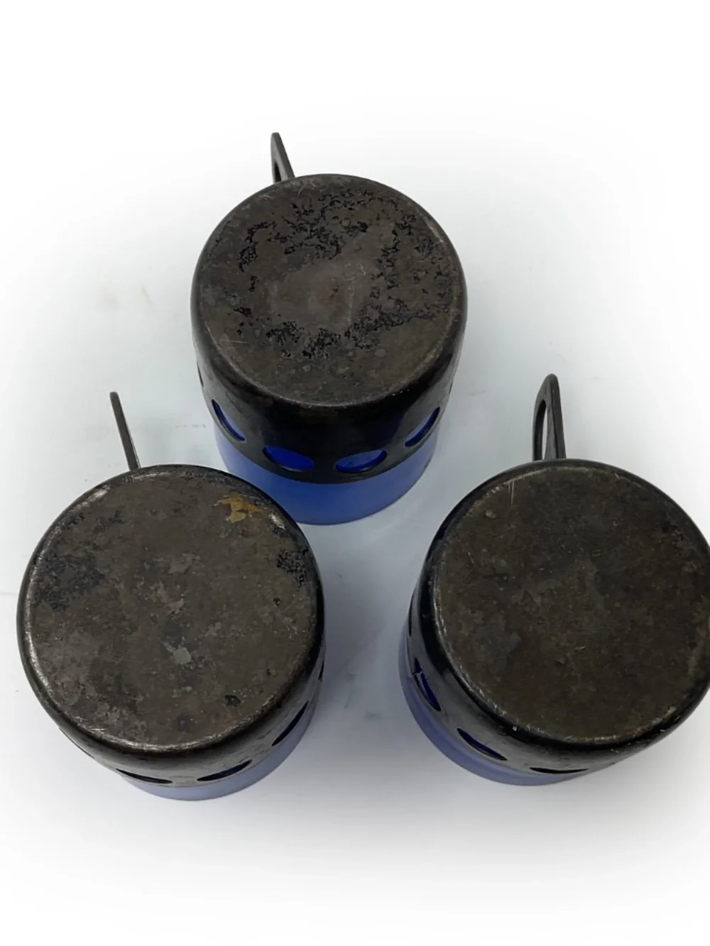 Rare set of 3 vintage mid-century modern cobalt blue glass mugs in metal cages